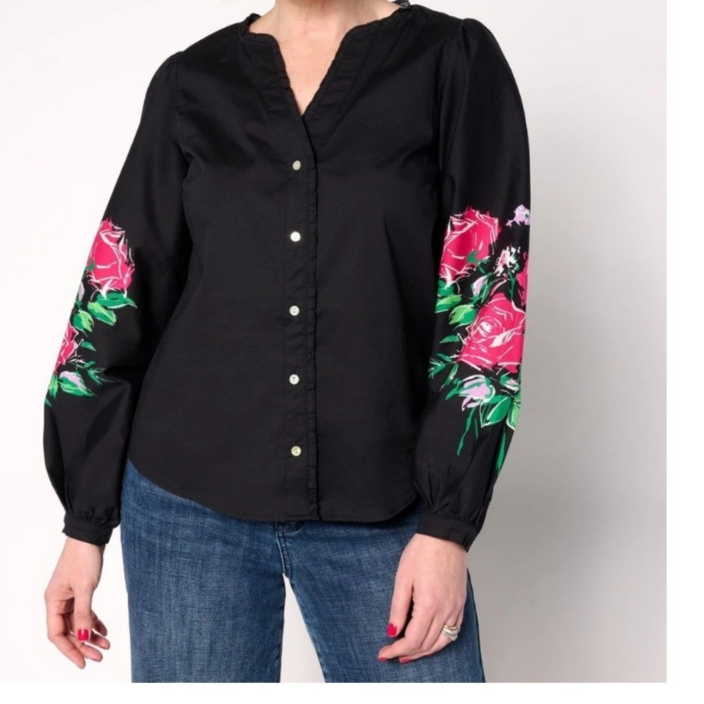 Nicole by Nicole Miller Stretch Poplin Balloon Sleeve Blouse Painterly Floral XS